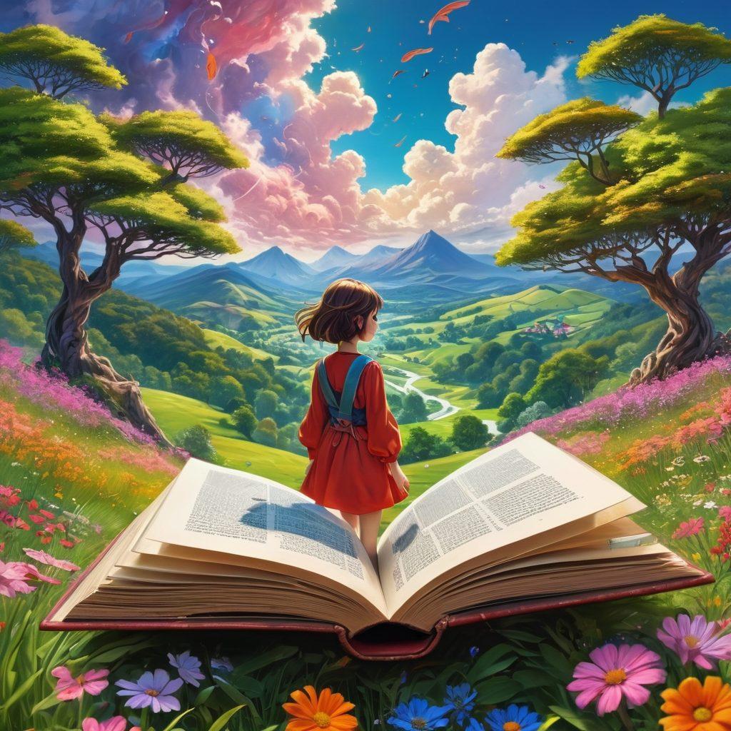 An intriguing scene of a whimsical anime character with a playful expression, surrounded by vibrant colors and captivating landscapes depicting a fantasy world. Incorporate subtle hints of eroticism blended with storytelling elements like open books and swirling ink. The character should exude charm and allure to reflect the article's theme. super-realistic. vibrant colors. fantasy art.