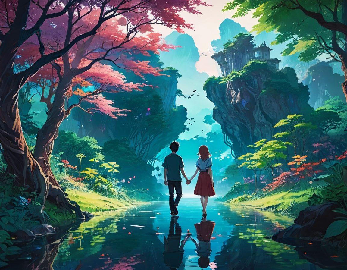 A visually captivating scene depicting a whimsical, surreal anime landscape with intricate, sensual characters engaged in playful, artistic expressions of intimacy. Surround them with lush, vibrant colors, surrounded by dreamlike elements such as fluid shapes and soft, ethereal lighting. The background should reflect diverse themes of romance and exploration, merging fantasy with adult narratives. Incorporate elements of anime aesthetics and adult film iconography in a tasteful manner. vibrant colors. surrealism. anime style.